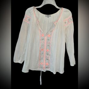 Madewell Embroidered Boho Peasant Blouse – White & Neon Pink – Size Small